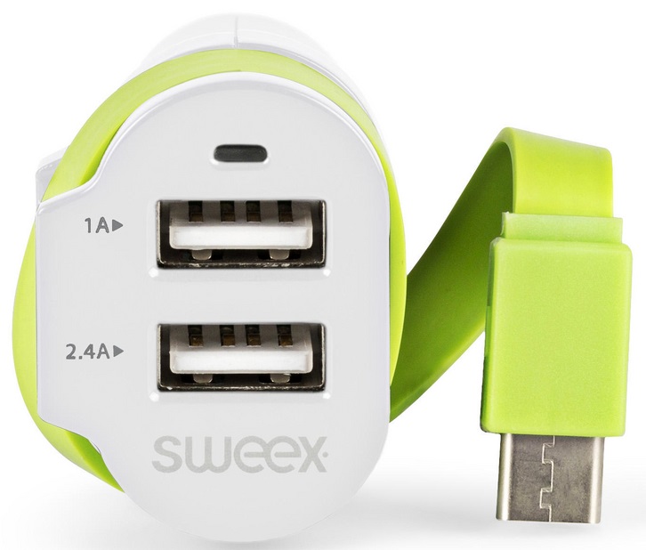 Caricabatteria per Auto 3-Outputs 6A 2xUSB/USB-C™ Bianco/Verde ND9242 Sweex