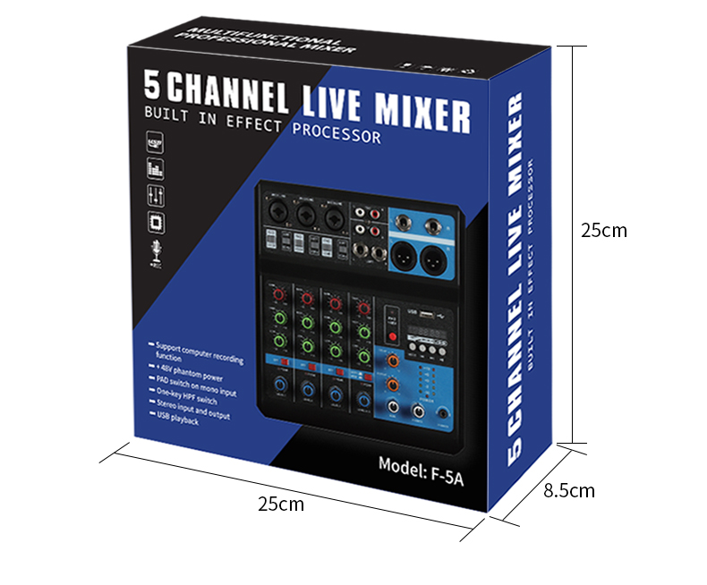 Mixer professionale 5 canali ingressi Bluetooth/USB/Stereo RCA con alimentazione  phantom 48V SP695 