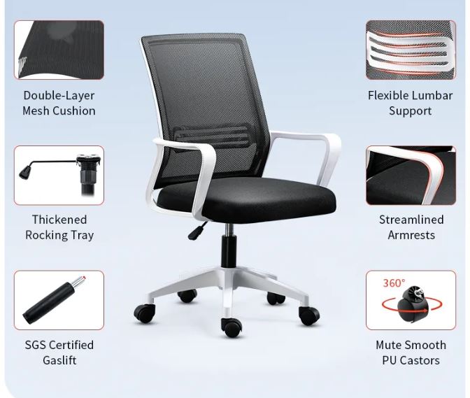 Chaise de bureau ergonomique noire 2011-2W 