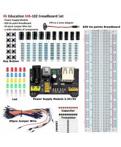 Kit componenti elettronici diodi/condensatori/pulsanti con breadboard e modulo di alimentazione 3.3V/5V MB102 F1530 