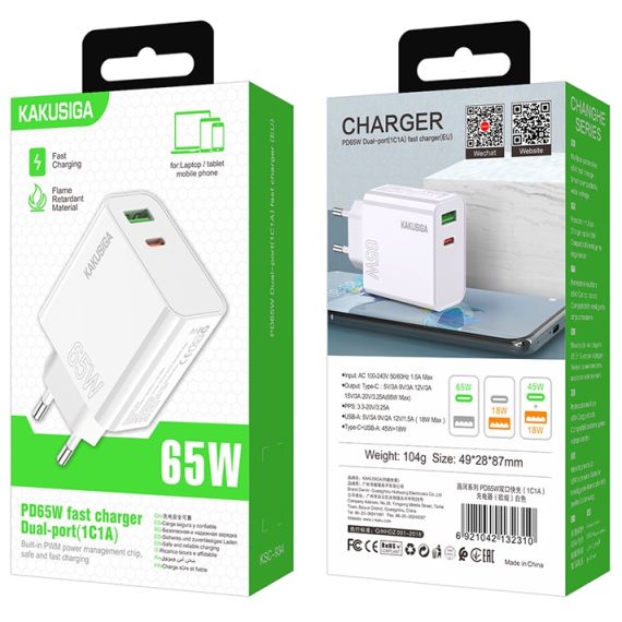 Alimentatore caricabatterie doppia porta USB/type C 3.25A 65W N050 Kakusiga