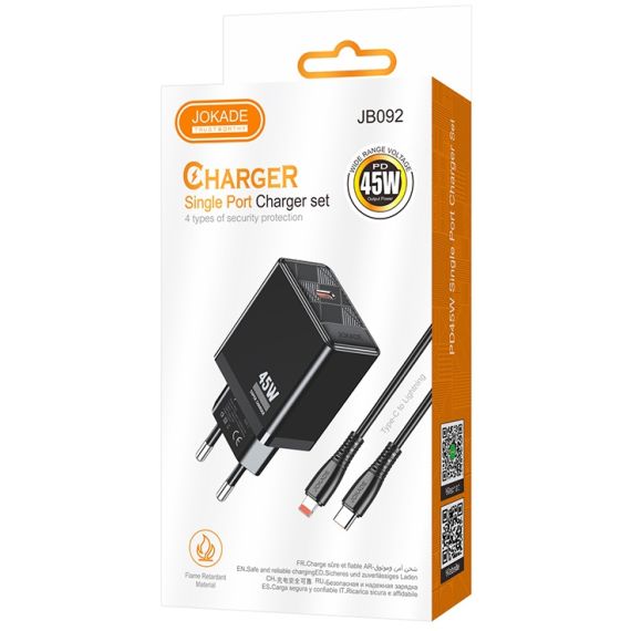 Caricabatterie ricarica rapida con cavo USB Type C - Lightning nero 1m JB092 F4395 Jokade